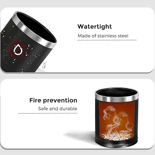 Open Top Hotel Trash Can, Office Metal Black Waste Basket,Round Garbage Can for Hotel,Restaurant,Office