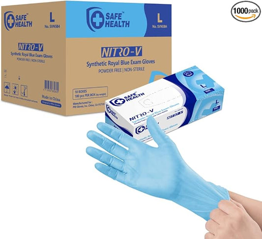 Safe Health NITRO-V Nitrile-Vinyl Synthetic Exam Disposable Gloves, Latex Free, Powder Free, Blue, Case of 1000, Large, Medical Grade, Clinic, Nursing, Food, Hair Salon, Cleaning, Housework