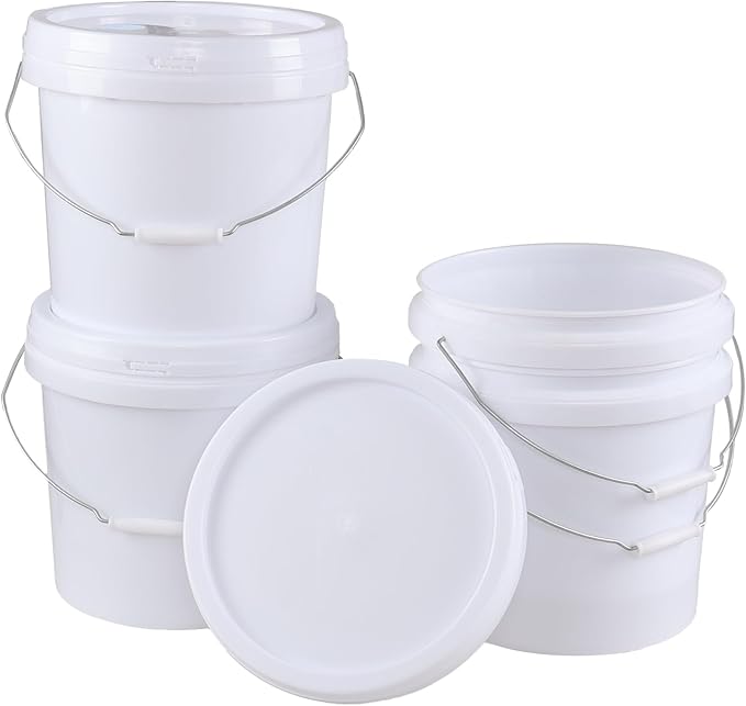 Teyyvn 4 Gallon White Bucket Pail Container with Lid for Food, 4 Pack Plastic Bucket All Purpose Pail with Lid and Handle