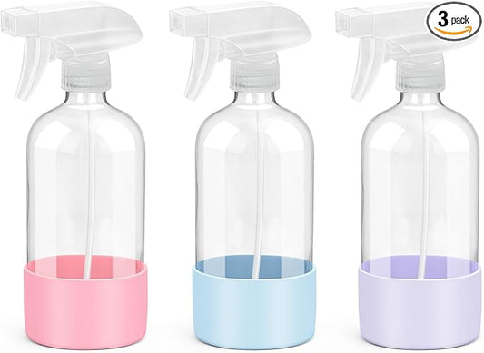 Glass Spray Bottles with Silicone Sleeve Protection, Empty 16 oz Refillable Containers, Reusable Spray Bottles with Adjustable Nozzle for Hair, Cleaning Solutions, 3 Pack Pink&Blue&Purple