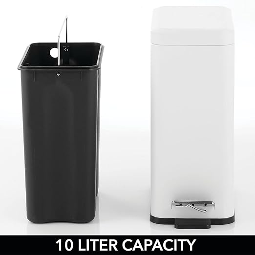 mDesign Pedal Bin — Waste Bin with Pedal, Lid and Plastic Bucket Insert for Bathroom, Kitchen, and Office — Metal Household Rubbish Bin with Ergonomic Design — White