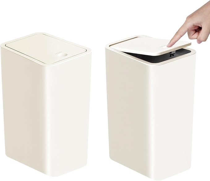 TIPGO Bathroom Trash Can with Lid, 10 Liter/ 2.6 Gallon Slim Garbage Can, Small Trash Bin Waste Basket with Pop-Up Lid for Kitchen, Bedroom, Living Room, Office (2 Pack, White)