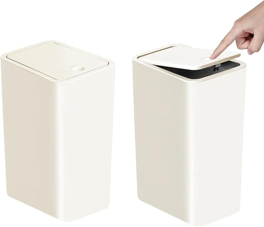 TIPGO Bathroom Trash Can with Lid, 10 Liter/ 2.6 Gallon Slim Garbage Can, Small Trash Bin Waste Basket with Pop-Up Lid for Kitchen, Bedroom, Living Room, Office (2 Pack, White)