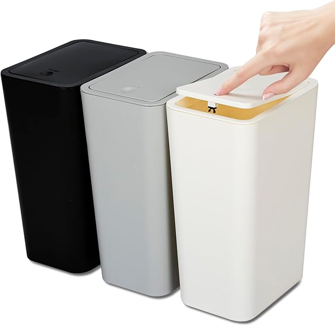 N. NETDOT 3 Pack 10L/2.6 Gal Bathroom Trash Can with Lid, Trash Bin with Press Lid, Small Trash Can/Slim Garbage Cans/Waste Basket for Bathroom,Kitchen,Office,Bedroom - Black,Gray,Off White