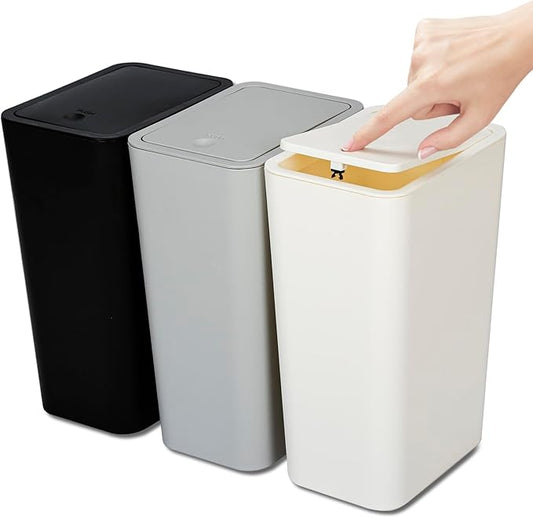 N. NETDOT 3 Pack 10L/2.6 Gal Bathroom Trash Can with Lid, Trash Bin with Press Lid, Small Trash Can/Slim Garbage Cans/Waste Basket for Bathroom,Kitchen,Office,Bedroom - Black,Gray,Off White