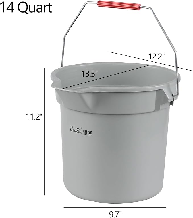 4-Pack 14 Quart Commercial Cleaning Bucket, Plastic Round Utility Pail with Handle, Grey