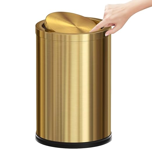 2.4 Gallon Brush Gold Bathroom Trash can with Lid, Modern, Luxury Garbage Can, Wastebasket for Bedroom Office Hotel (Gold Single Layer)