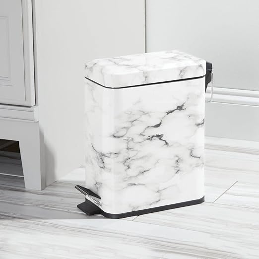 mDesign Small Modern 1.3 Gallon Rectangle Metal Lidded Step Trash Can, Compact Garbage Bin with Removable Liner Bucket and Handle for Bathroom, Kitchen, Craft Room, Office, Garage - White Marble