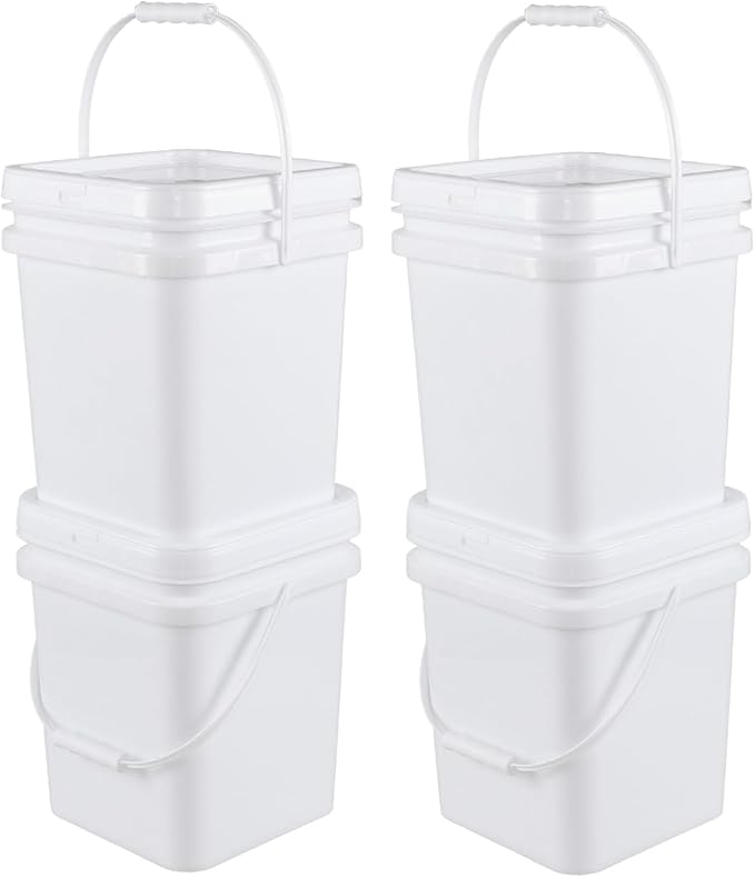 White Plastic 5 Gallon Cleaning Bucket with Handle, Square Bucket with Disposable Seal Lid for Food, All Purpose Pail, 4 Packs