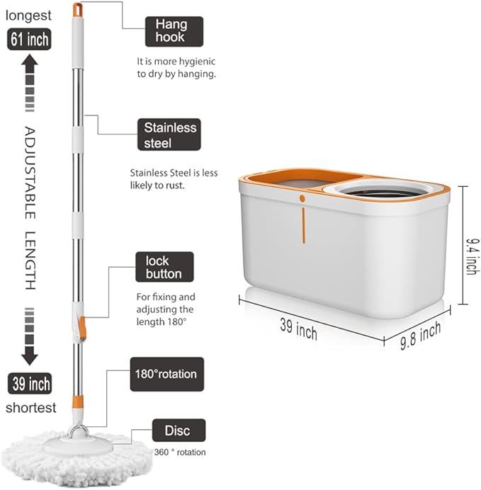 Floor Spin Mop and Bucket Set with Wringer System Extended Stainless Steel Handle 61＂for Home Floor Cleaning Use with 5 Replacement Head Refill and 1 Cleaning Brush Head