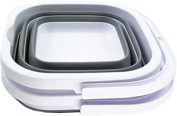 SAMMART Collapsible Rectangular Cleaning Bucket 5L (1.3 Gallon)- Foldable Camping Beach Sand Water Pot Pail- Portable Space Saving Tub for Household, Outdoor Car Washing (White/Grey (Set of 2))