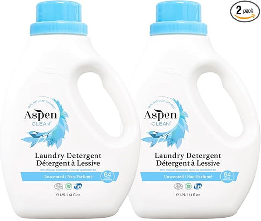 AspenClean Natural Laundry Detergent Unscented - 100% Natural, Organic, HE Liquid Laundry Detergent- Vegan, Non-Bio, Cruelty-Free, Biodegradable - Safe for Babies, Pets & Kids - EWG Certified (2 pack)