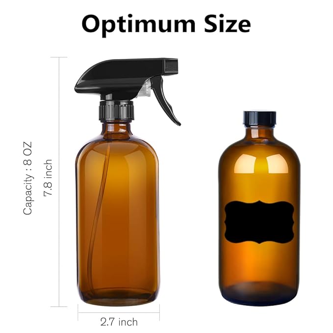 PrettyCare 3 pcs 8 Oz Amber Glass Spray Bottles, Refillable Empty Spray Bottles with Adjustable Nozzle & Lables for Cleaning, Leak-Proof Design for Essential Oils, Facial Hydration Hair Aromatherapy