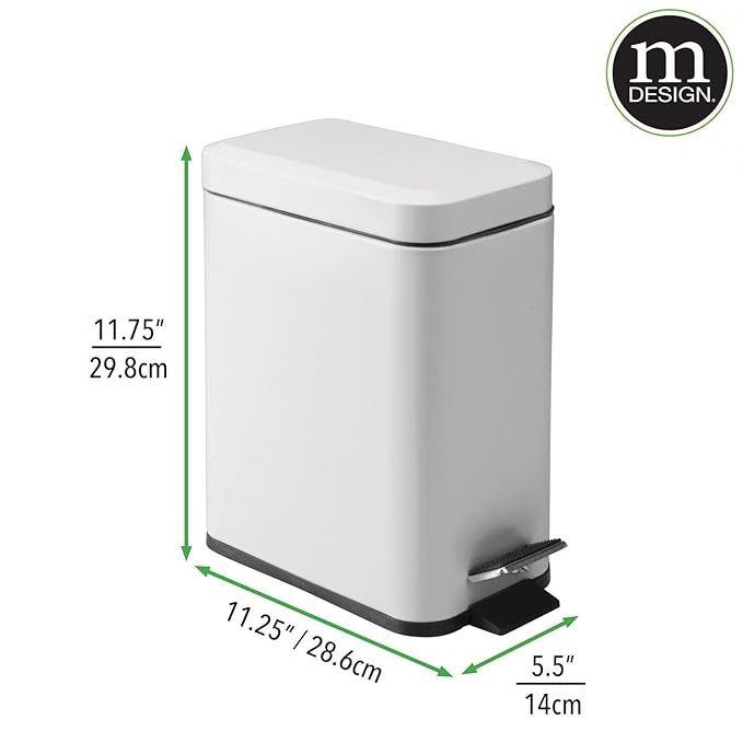 mDesign Pedal Bin — Waste Bin with Pedal, Lid and Plastic Bucket Insert Perfect for Bathroom, Kitchen, and Office — Metal Household Rubbish Bin with Ergonomic Design — Light Grey
