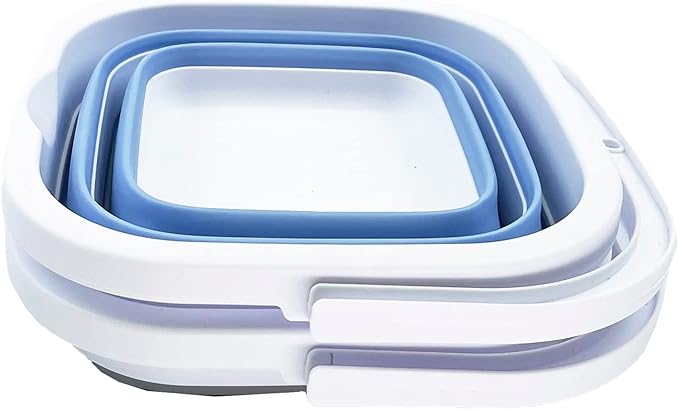 SAMMART Collapsible Rectangular Cleaning Bucket 5L (1.3 Gallon)- Foldable Camping Beach Sand Water Pot Pail- Portable Space Saving Tub for Household, Outdoor Car Washing (Grey + Baby Blue (Set of 2))