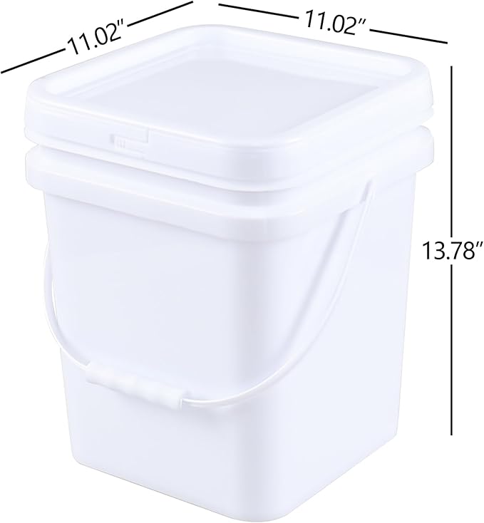 Zopnny 4 Pcs 5 Gallon Square Bucket, White Plastic Buckets with Handles, Snap Food Container Pail with Airtight Lid