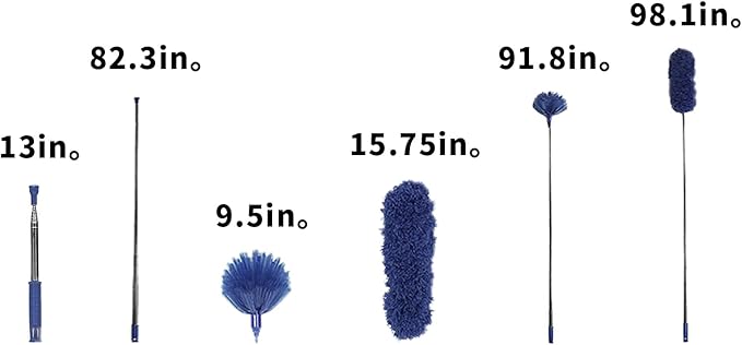 Cobweb Duster with Extension Pole, Washable Cleaning Duster Kit with 2 Duster Heads, Cobweb Duster, Corner Brush, Aluminum Telescoping Pole for Ceiling Fan (Blue)
