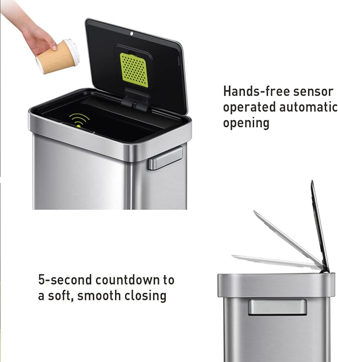 EKO Deluxe Mirage-T 50 Liter / 13.2 Gallon Touchless Rectangular Motion Sensor Trash Can, Matte Stainless Steel Finish