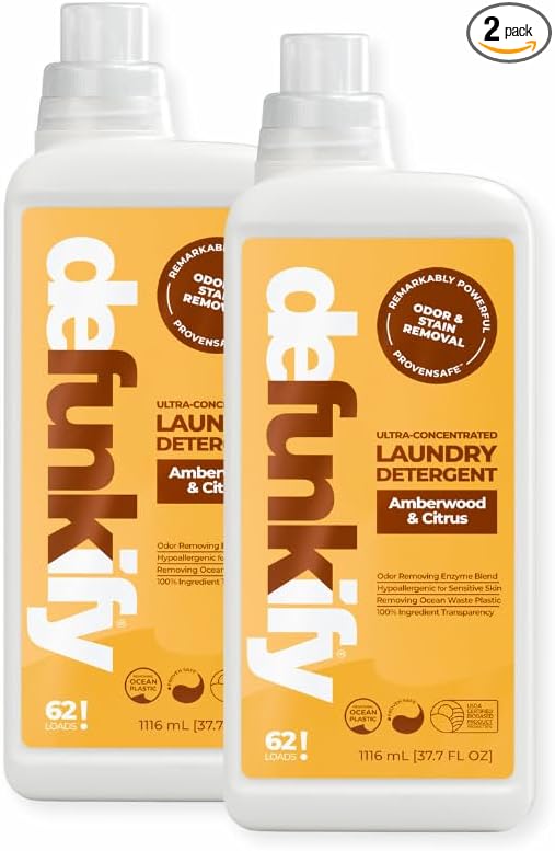 Laundry Detergent 62 Load/37.7 FlOz (2-Pack). 'Amberwood & Citrus' Liquid Detergent- Sensitive Skin. 'ProvenSafe' Laundry Soap Washing Detergent w/Odor & Stain Remover for Activewear & All Fabrics