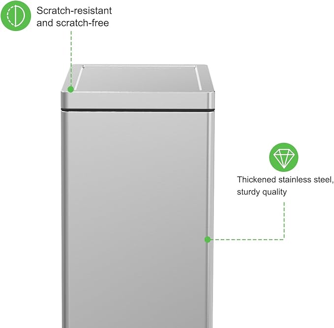 Trash Can with Lid - 45 Liter/12 Gallon Slim Stainless Steel Trash Can Odor Protection Kitchen Garbage Cans with Soft-Close Foot Pedal Anti-Fingerprint for Bathroom Home Office Rectangle