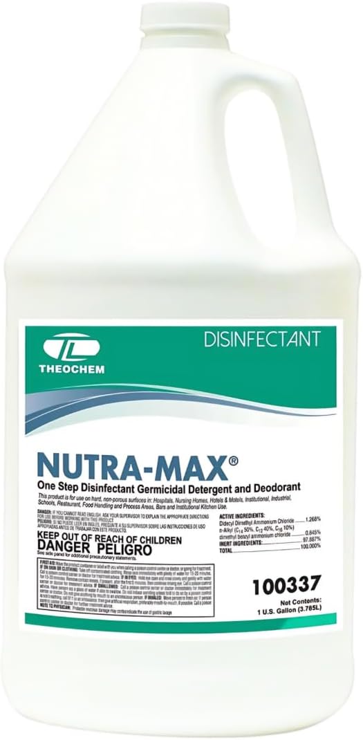 Nutra-Max Concentrated Hospital Grade Disinfectant, EPA List N Registered, Kills 99.9% Viruses & Bacteria, 1:32 Dilution Makes 32 Gallons, Commercial Strength Multi-Surface Cleaner