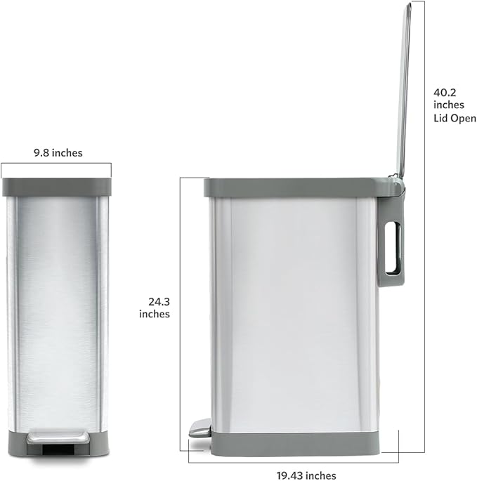 Glad Slim Trash Can with Clorox Odor Protection - Narrow Kitchen Garbage Bin with Soft Close Lid, Step On Foot Pedal and Waste Bag Roll Holder, All Stainless, 45 Liter