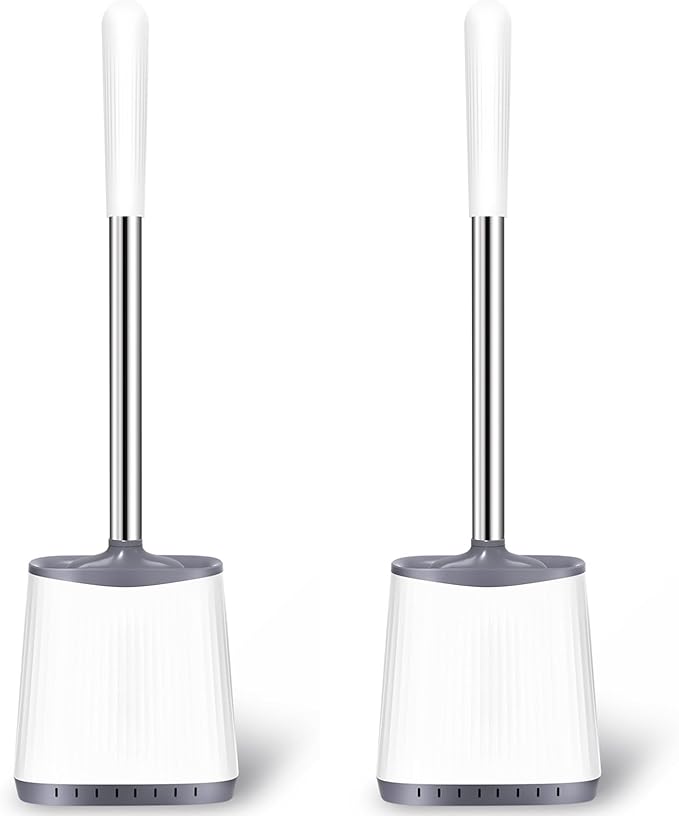 Toilet Brush, 2 Pack Silicone Toilet Brush and Holder, Flexible Toilet Bowl Brush Head with Ventilated Holder, Wall Mounted Compact Toilet Scrubber Set for Bathroom Cleaning (White)