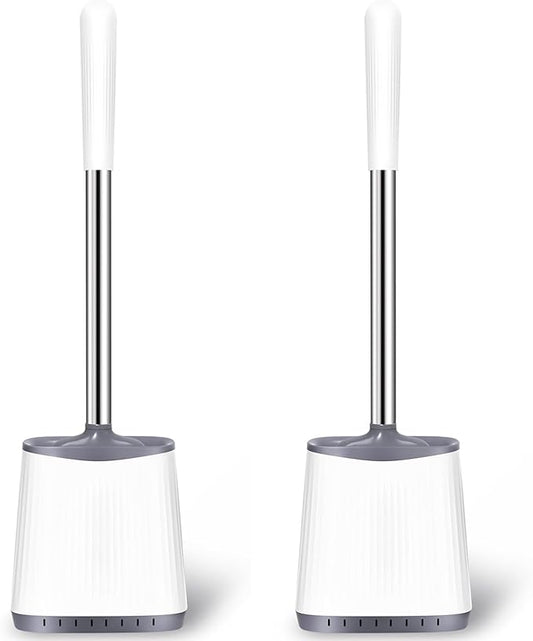 Toilet Brush, 2 Pack Silicone Toilet Brush and Holder, Flexible Toilet Bowl Brush Head with Ventilated Holder, Wall Mounted Compact Toilet Scrubber Set for Bathroom Cleaning (White)