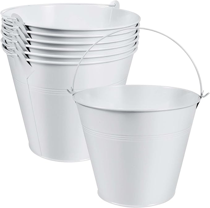 OBTANIM 7 Pack White Metal Buckets with Handle Galvanized Ice Pails for Plants, Succulents, Party Favors Organizing, Rustic Home Decor or Classrooms Pencil Storage (9.1 x 6.7 inch)