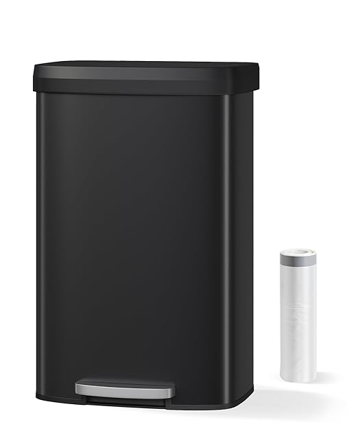 Garvee 21 Gallon / 80 Liter Metal Trash Can with Lid, Large Garbage Can for Kitchen, Rustproof Step-on Kitchen Metal Trash Bin with Liner Rim, Rear Handle, Soft Close Plastic Lid, Black