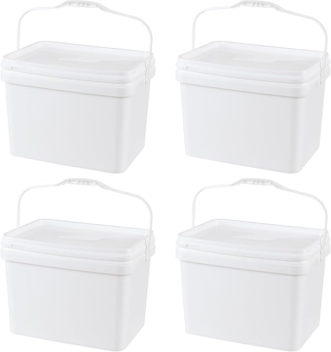 4 Packs Plastic Food Storage Bucket with Lid, 5 Gallon Airtight Plastic Buckets with Handles, White
