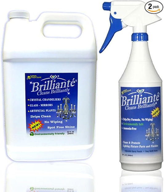 BRILLIANTÉ Crystal Chandelier Cleaner Manual Sprayer 32oz Spray Bottle & Gallon Refill, Environmentally Safe, Ammonia-Free, Drip-Dry Formula, Made in USA