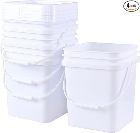4 Pack 5 Gallon Square Lidded Storage Bucket with Handle, Plastic Bucket Pails Food Grade, White