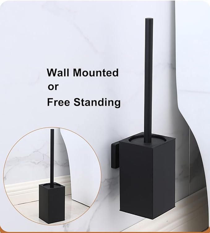 Toilet Brush and Holder Set Wall Mount or Freestanding KWQKEM Modern Toilet Bowl Cleaners Brush and Holder with Lid 304 Stainless Steel (Matte Black)