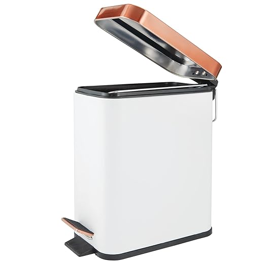 mDesign Small Modern 1.3 Gallon Rectangle Metal Lidded Step Trash Can, Compact Garbage Bin with Removable Liner Bucket and Handle for Bathroom, Kitchen, Craft Room, Office, Garage - White/Rose Gold
