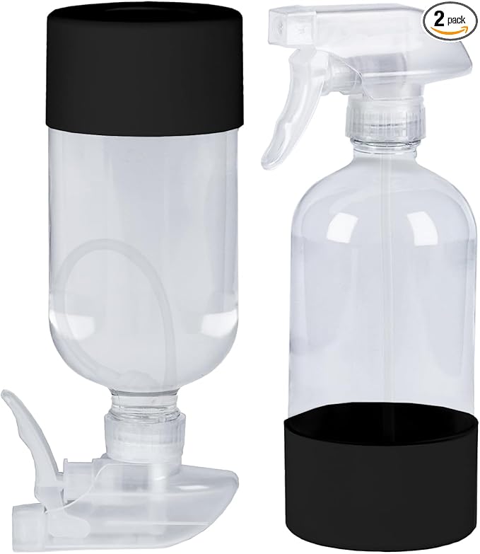 2 Pack 360° Glass Spray Bottles with Silicone Sleeve, 16 oz Empty Refillable Containers with Adjustable Spray Nozzles, Spray Bottles for Hair, Cleaning Solutions and Plants Black