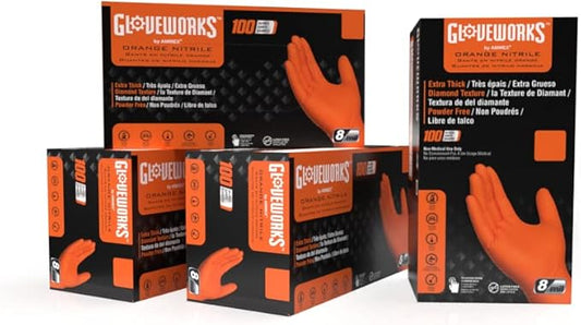 GLOVEWORKS Heavy-Duty Nitrile Gloves, Disposable, Latex Free, 8 Mil, Orange, Diamond Grip Glove