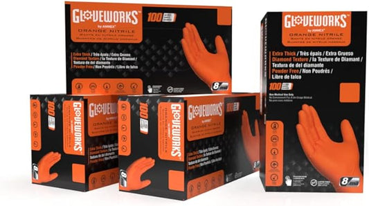 GLOVEWORKS Heavy-Duty Nitrile Gloves, Disposable, Latex Free, 8 Mil, Orange, Diamond Grip Glove