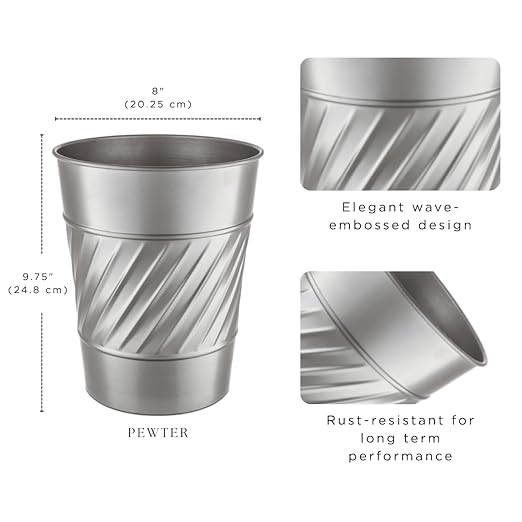 Monarch Abode Pewter Handcrafted Wave Embossed Metal Wastebasket for Home Office, Decorative Waste Basket, Modern Bathroom Garbage Can, Durable & Decorative Trash Bin, Pewter Bathroom Trash Can