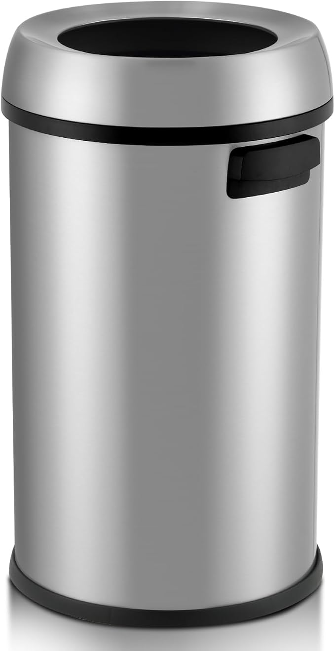 Towallmark 65L/17Gal Heavy Duty Open Top Commercial/Kitchen Trash Can, Fingerprint-Resistant Waste Bin for Office Bedroom Restaurant, Brushed Stainless Steel
