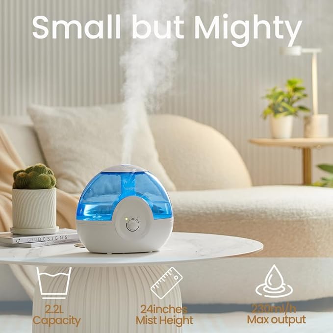 raydrop Cool Mist 2.2L Humidifiers for Bedroom, 28dB Whisper-Quiet Ultrasonic Humidifier, Easy to Clean Home Humidifier, Auto Shut-Off, 30H Work Time, Night Light (Blue)