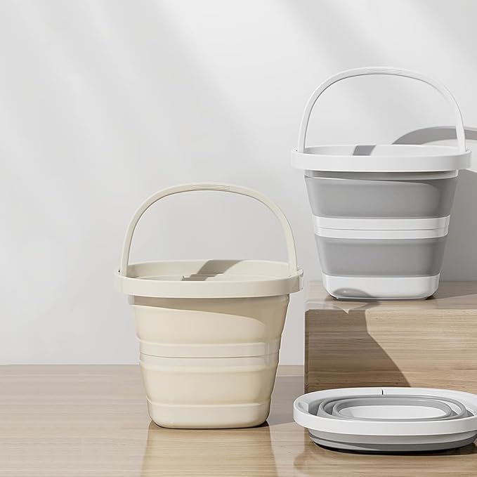 Collapsible Bucket Set, 2.6 Gallon, 2-Pack with Handles, Foldable Design for Camping, RV, Cleaning, Gray and Beige