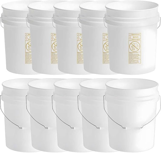 10 Pack - 5 Gallon Heavy-Duty Plastic Buckets with Metal Handle, 90 Mil, Food Safe & Multipurpose