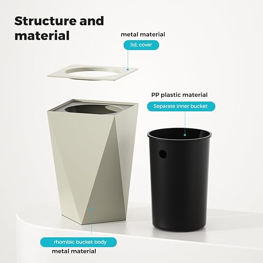 2.64 Gallon Metal Trash Can, Creative Diamond-Shaped Garbage Can, Simple High-Grade Waste Basket, for Home Bathroom Office. (10L White Diamond)