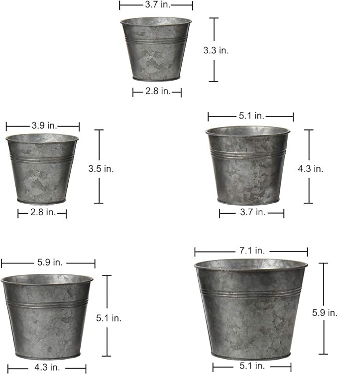 Briful 5 Size Galvanized Buckets Rustic Farmhouse Metal Bucket Galvanized Flower Bucket Home Indoor Outdoor Decorative Tin Planters (3.7In/3.9In/5.1In/5.9In/7.1In)