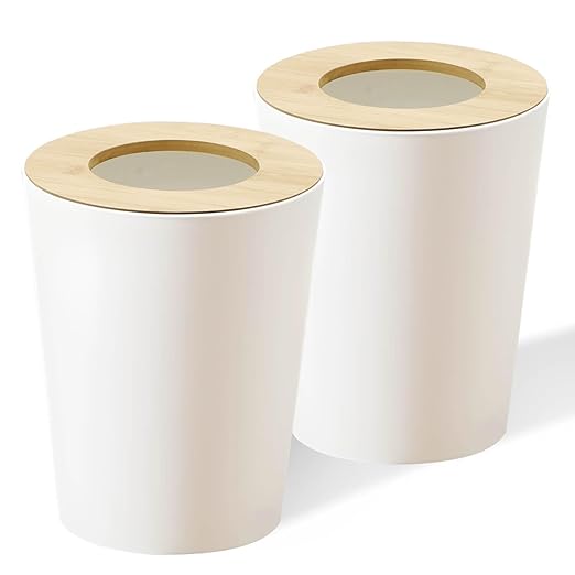 White Trash Can for Bedroom with Bamboo Lid, 2.4 Gallon Open Top Trash Can 2 Pack, Modern Aesthetic Garbage Can for Room Office Living Room, Small Bathroom Trash Bin Boho Style