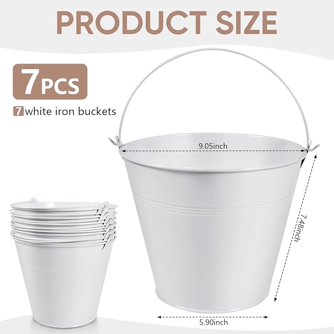 OBTANIM 7 Pack White Metal Buckets with Handle Galvanized Ice Pails for Plants, Succulents, Party Favors Organizing, Rustic Home Decor or Classrooms Pencil Storage (9.1 x 6.7 inch)