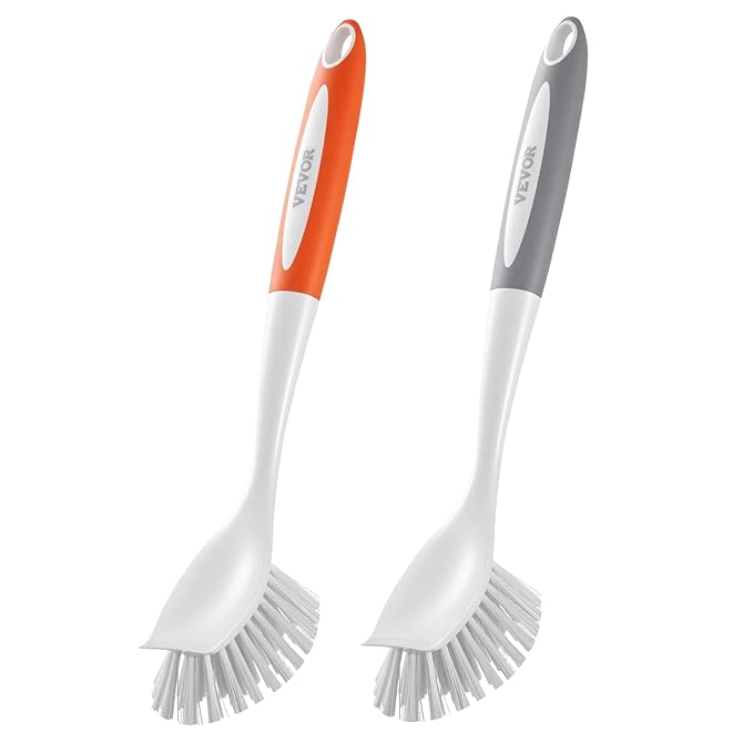 VEVOR Dish Brush, 4 Pack Kitchen Scrub Brushes with PP Handle, Dish Cleaning Brushes with Curved Bristles, Ideal for Pots, Pans, Sink and Stove, 2 Gray + 2 Orange