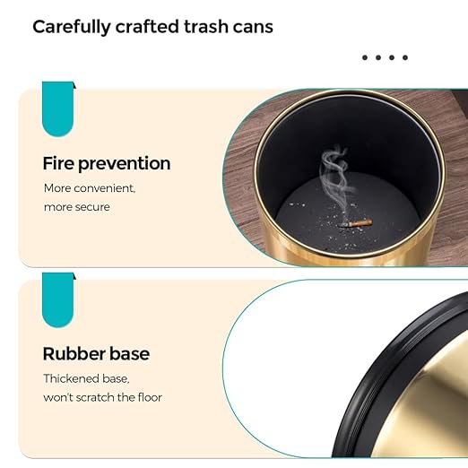 2.64 Gallon Brass Gold Bathroom Trash Can, Double Walled Wastebasket, Elegant, Modern Garbage Can for Bedroom Kitchen Hotel Cafe Office Restaurant (88J Gold