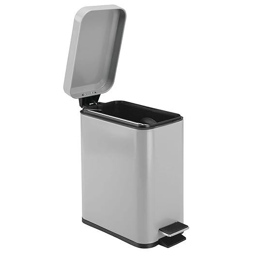 mDesign Small Modern 1.3 Gallon Rectangle Metal Lidded Step Trash Can, Compact Garbage Bin with Removable Liner Bucket and Handle for Bathroom, Kitchen, Craft Room, Office, Garage - Gray